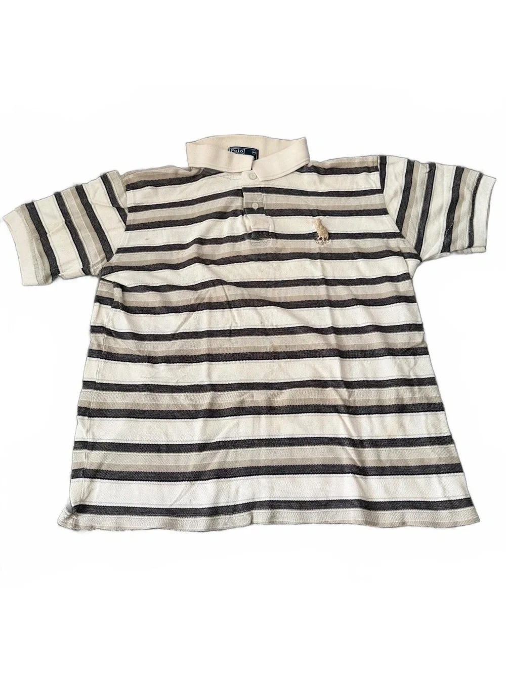 Polo Ralph Lauren Striped Polo Shirt Mens Med. Beige Brown Short Sleeve Classic